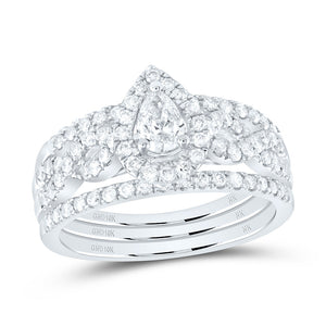 10kt White Gold Pear Diamond 3-Piece Bridal Wedding Ring Band Set 7/8 Cttw