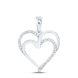 Sterling Silver Womens Round Diamond Double Heart Pendant 1/10 Cttw