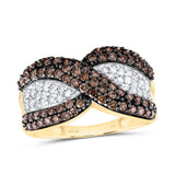 10kt Yellow Gold Womens Round Brown Diamond Crossover Stripe Band Ring 1 Cttw