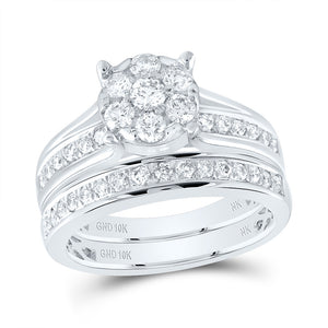 10kt White Gold Round Diamond Cluster Bridal Wedding Ring Band Set 1 Cttw