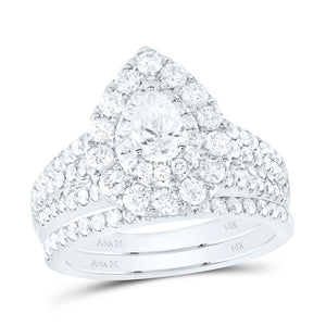 14kt White Gold Pear Diamond Halo Bridal Wedding Ring Band Set 2 Cttw