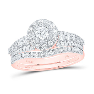 14kt Rose Gold Round Diamond Halo Bridal Wedding Ring Band Set 1 Cttw