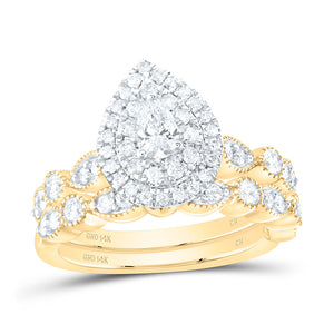 14kt Yellow Gold Pear Diamond Halo Bridal Wedding Ring Band Set 1 Cttw
