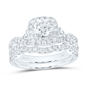 14kt White Gold Round Diamond Halo Bridal Wedding Ring Band Set 1-1/2 Cttw