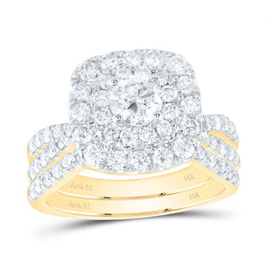 14kt Yellow Gold Round Diamond Square Halo Bridal Wedding Ring Band Set 2 Cttw