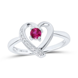 Sterling Silver Womens Round Synthetic Ruby Solitaire Diamond Heart Ring 1/4 Cttw