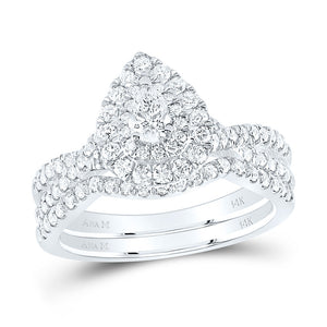 14kt White Gold Pear Diamond Halo Bridal Wedding Ring Band Set 1 Cttw