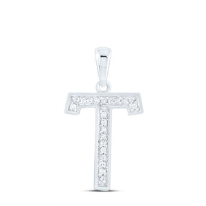 10kt White Gold Womens Round Diamond Initial T Letter Pendant 1/20 Cttw