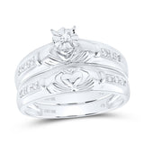 10kt White Gold His Hers Round Diamond Claddagh Matching Wedding Set 1/8 Cttw