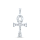 10kt White Gold Mens Round Diamond Ankh Cross Charm Pendant 1/5 Cttw