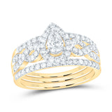 10kt Yellow Gold Pear Diamond 3-Piece Bridal Wedding Ring Band Set 7/8 Cttw