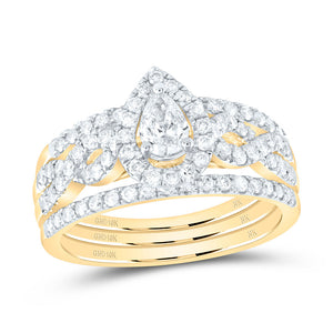 10kt Yellow Gold Pear Diamond 3-Piece Bridal Wedding Ring Band Set 7/8 Cttw