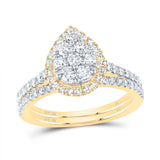 10kt Yellow Gold Round Diamond Teardrop Bridal Wedding Ring Band Set 1 Cttw