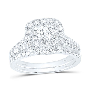 14kt White Gold Round Diamond Halo Bridal Wedding Ring Band Set 1-1/2 Cttw