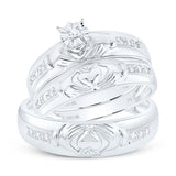 10kt White Gold His Hers Round Diamond Claddagh Matching Wedding Set 1/8 Cttw