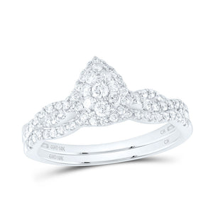 10kt White Gold Round Diamond Teardrop Bridal Wedding Ring Band Set 1/2 Cttw