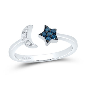 Sterling Silver Womens Round Blue Color Enhanced Diamond Moon Star Ring 1/10 Cttw