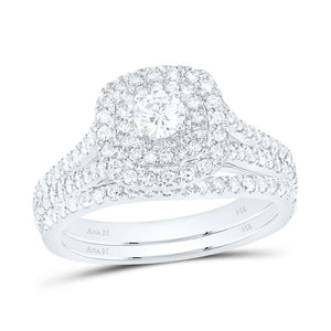 14kt White Gold Round Diamond Halo Bridal Wedding Ring Band Set 1 Cttw