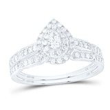 10kt White Gold Pear Diamond Halo Bridal Wedding Ring Band Set 3/8 Cttw