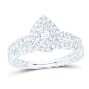 10kt White Gold Pear Diamond Halo Bridal Wedding Ring Band Set 3/8 Cttw