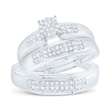 Sterling Silver His Hers Round Diamond Cluster Matching Wedding Set 3/8 Cttw