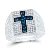Sterling Silver Mens Round Blue Color Enhanced Diamond Cross Religious Ring 1/2 Cttw