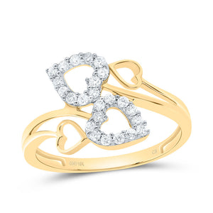 10kt Yellow Gold Womens Round Diamond Double Heart Ring 1/4 Cttw