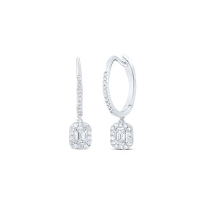 14kt White Gold Womens Emerald Diamond Hoop Dangle Earrings 1/2 Cttw