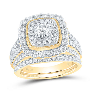 10kt Yellow Gold Round Diamond Square Halo Bridal Wedding Ring Band Set 1-3/4 Cttw