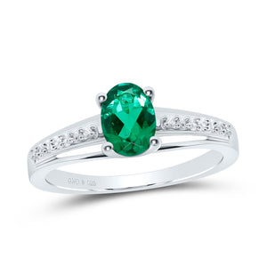 Sterling Silver Womens Oval Synthetic Emerald Solitaire Diamond Ring 1/2 Cttw