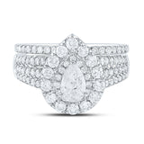 14kt White Gold Pear Diamond Halo Bridal Wedding Ring Band Set 2 Cttw