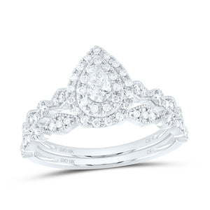10kt White Gold Pear Diamond Halo Bridal Wedding Ring Band Set 3/8 Cttw
