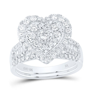 10kt White Gold Round Diamond Heart Bridal Wedding Ring Band Set 1-1/4 Cttw