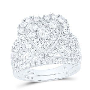 10kt White Gold Round Diamond Heart Bridal Wedding Ring Band Set 1-1/2 Cttw