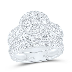 10kt White Gold Round Diamond Cluster Bridal Wedding Ring Band Set 1-3/8 Cttw