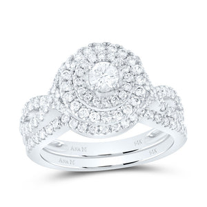 14kt White Gold Round Diamond Halo Bridal Wedding Ring Band Set 1 Cttw