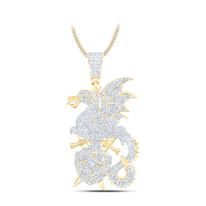 10kt Yellow Gold Mens Round Diamond Dragon Sword Shield Charm Pendant 1-5/8 Cttw