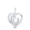 10kt White Gold Womens Round Diamond Mother Child Heart Pendant 1/5 Cttw