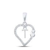 10kt White Gold Womens Round Diamond T Heart Letter Pendant 1/10 Cttw