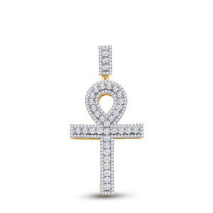 14kt Yellow Gold Mens Round Diamond Ankh Cross Charm Pendant 1 Cttw