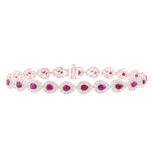 14kt Rose Gold Womens Pear Ruby Diamond Tennis Bracelet 5-1/2 Cttw