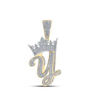 10kt Two-tone Gold Mens Round Diamond Y Crown Letter Charm Pendant 1-1/4 Cttw