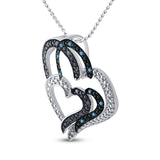 Sterling Silver Womens Round Blue Color Enhanced Diamond Heart Pendant 1/20 Cttw
