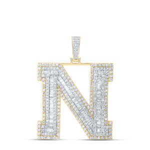 10kt Yellow Gold Mens Baguette Diamond N Initial Letter Charm Pendant 7-5/8 Cttw