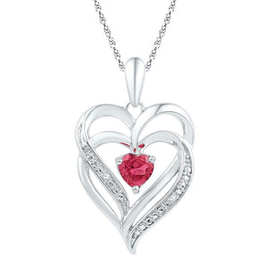 Sterling Silver Womens Round Synthetic Ruby & Diamond Heart Pendant .01 Cttw