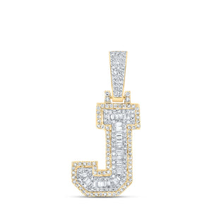 10kt Yellow Gold Mens Baguette Diamond J Initial Letter Charm Pendant 1/2 Cttw