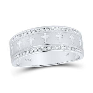 14kt White Gold Mens Round Diamond Wedding Cross Band Ring 1/4 Cttw