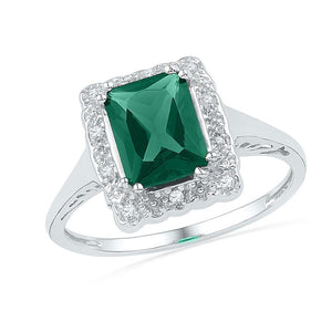 Sterling Silver Womens Synthetic Emerald Solitaire Diamond Ring 1-3/4 Cttw
