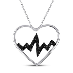 Sterling Silver Womens Round Black Color Enhanced Diamond Heartbeat Heart Pendant 1/10 Cttw