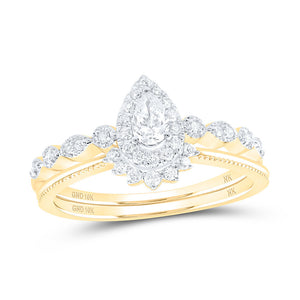 10kt Yellow Gold Pear Diamond Halo Bridal Wedding Ring Band Set 3/8 Cttw
